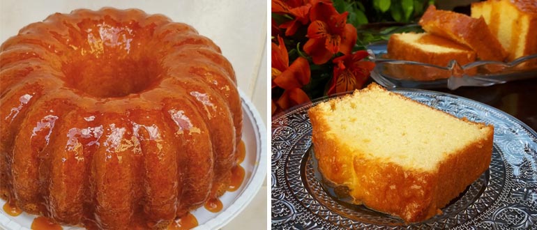 Bolo de Laranja com calda de laranjas caramelizadas